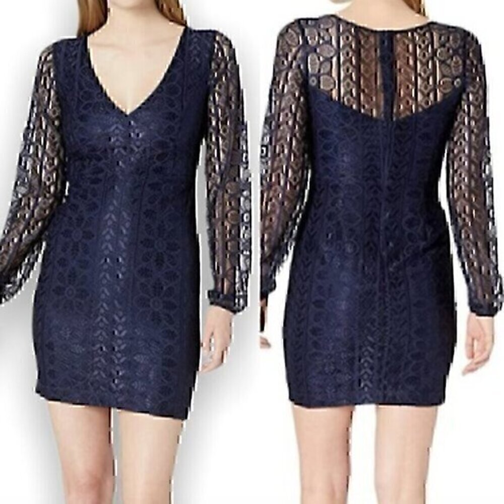 GUESS Floral Mix Lace Dress Solid Navy Blue Long Sleeve Mini Party Bodycon 0
